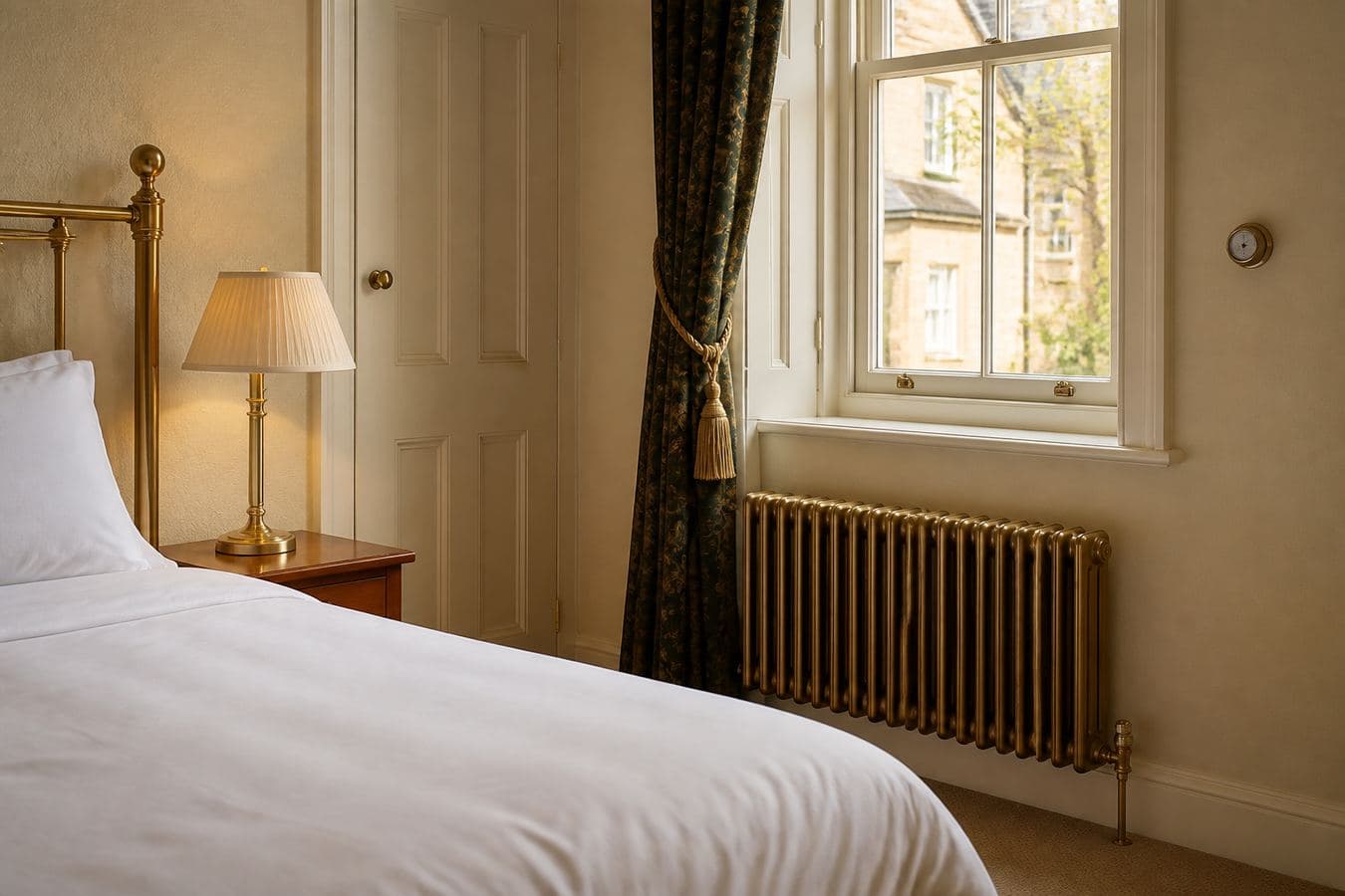 A warm British hotel bedroom with a radiator and wall thermostat.