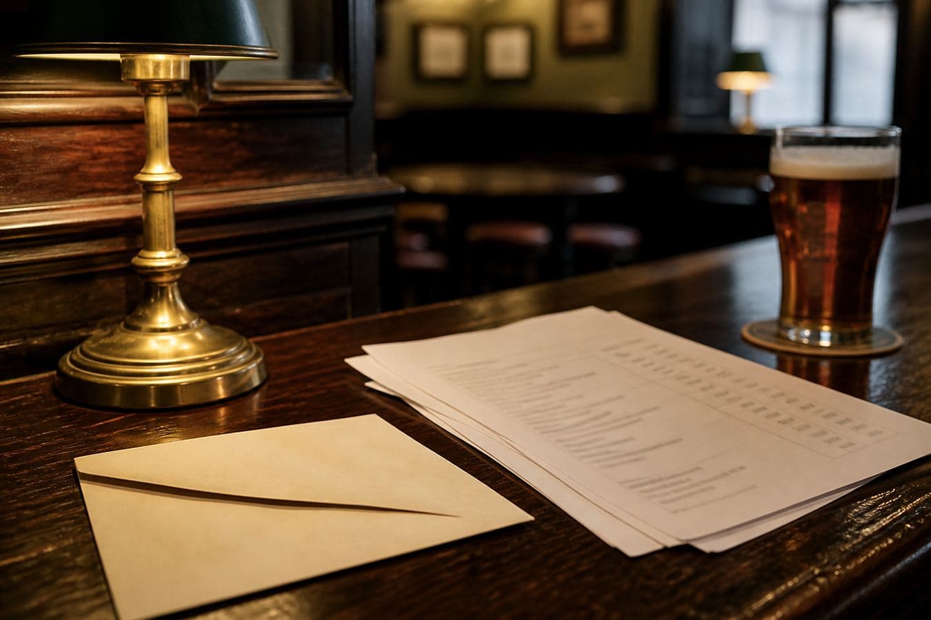 Anonymised paperwork on a pub bar — no readable invoices.
