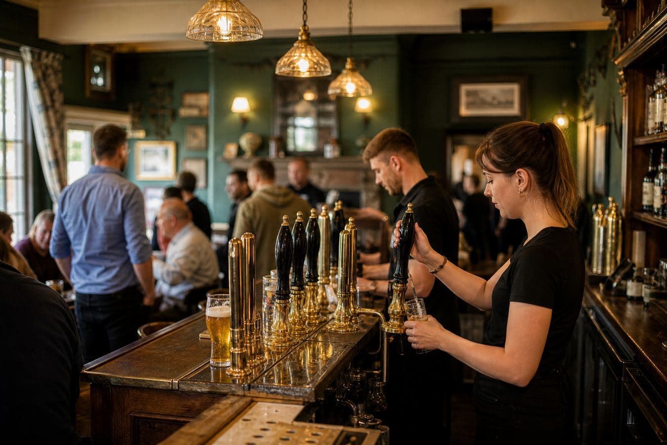 A British pub interior — the house the trades keep running.