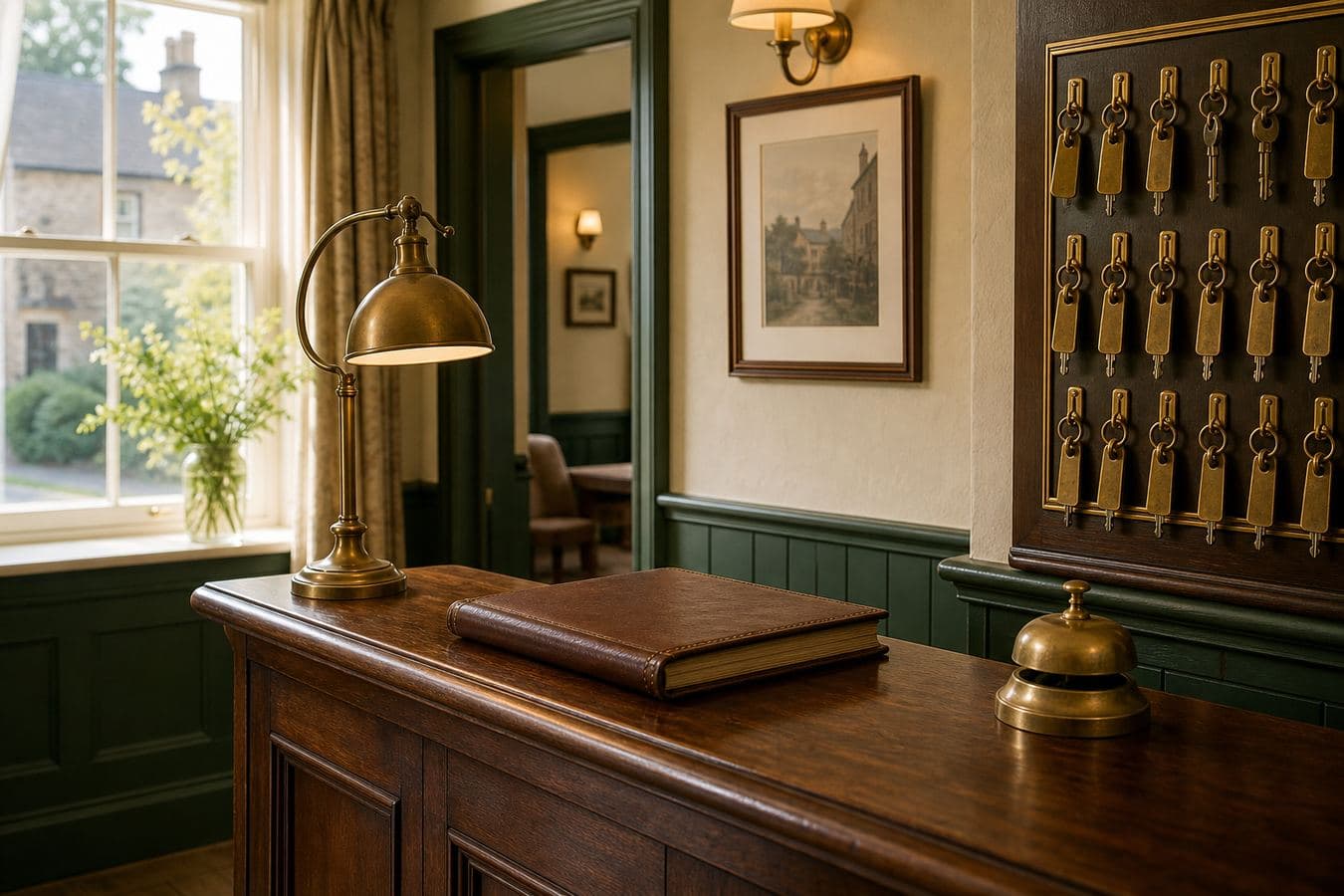 A British inn reception desk with a brass key rack and occupancy diary.